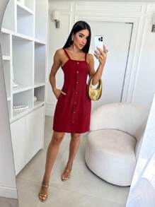 Women's Short Straight Plain Dress With Buttons And Side Pockets - 紅色 - 查看 1