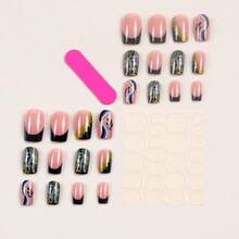 96Pcs Gold Foil Leaves Press On Nails Almond And Square Nails, Purple, Blue, Green Gradient Gold Foil Leaves Glitter Nails Art, Full Cover Removable False Nails Patch For Women Girls