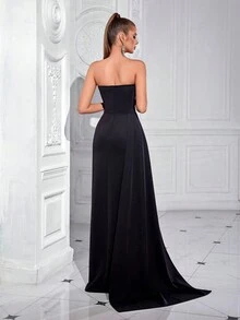 Elisanya V 领荷叶边长款层叠飘袖前开衩露背正式晚礼服，女士黑色优雅舞会礼服，适合婚礼宾客、毕业典礼、晚宴礼服 - 黑色 - 查看 2