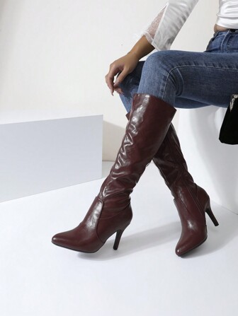 Fall Distressed Wine Red Thigh-High Boots, Knee-High Denim Cowboy Boots, Platform Boots, Women Wedding Shoes, Winter Boots, Slim Heel Boots, Super High Heel Tall Boots, Random Patterns