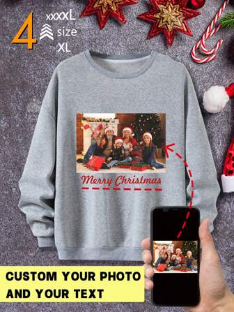 Plus Size Men Custom Graphic Print Loose Fit Crew Neck Funny Sweatshirt