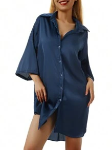 Womens Sleep Tops Underwear Summer Sleeping Shirt Half Sleeve Single Breasted Loose Nightshirt For Home Wear Lounge 4 Colors - 藍色 - 查看 5
