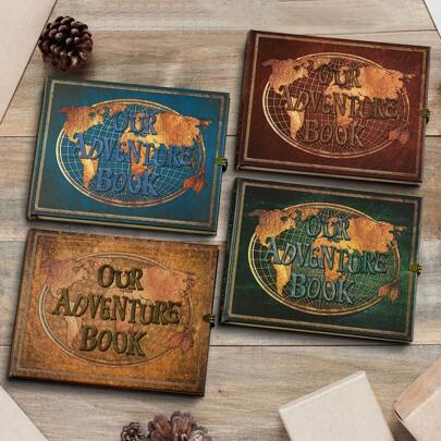 OUR ADVENTURE BOOK Adventure Book 180 Page Clipbook Album, 10.2 * 8.1 * 0.9 Inch Vintage Embossed Letter Cover Self Adhesive Album, Suitable For Valentine's Day, Christmas, Thanksgiving Gift, Anniversary, Travel, Wedding, Photo Storage, Couple Memory Book.