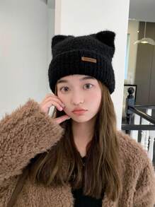 1pc Ladies' Knitted Beanie Hat With Leather Logo & Small Ears Design, White Color To Show Small Face And Keep Warm In Winter, Suitable For Daily Wear Cute - White - View 16