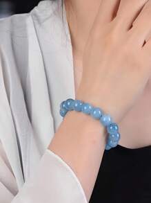 1 Peça Pulseira de Contas de Água-Marinha Natural para Mulheres, Pulseira Elástica Trendy de Laço Único, Adequada para Uso Diário de Senhoras no Verão