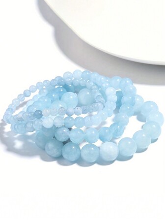 1 件天然海蓝宝石珠子手链，时尚单环弹性手链，适合女士夏季日常佩戴