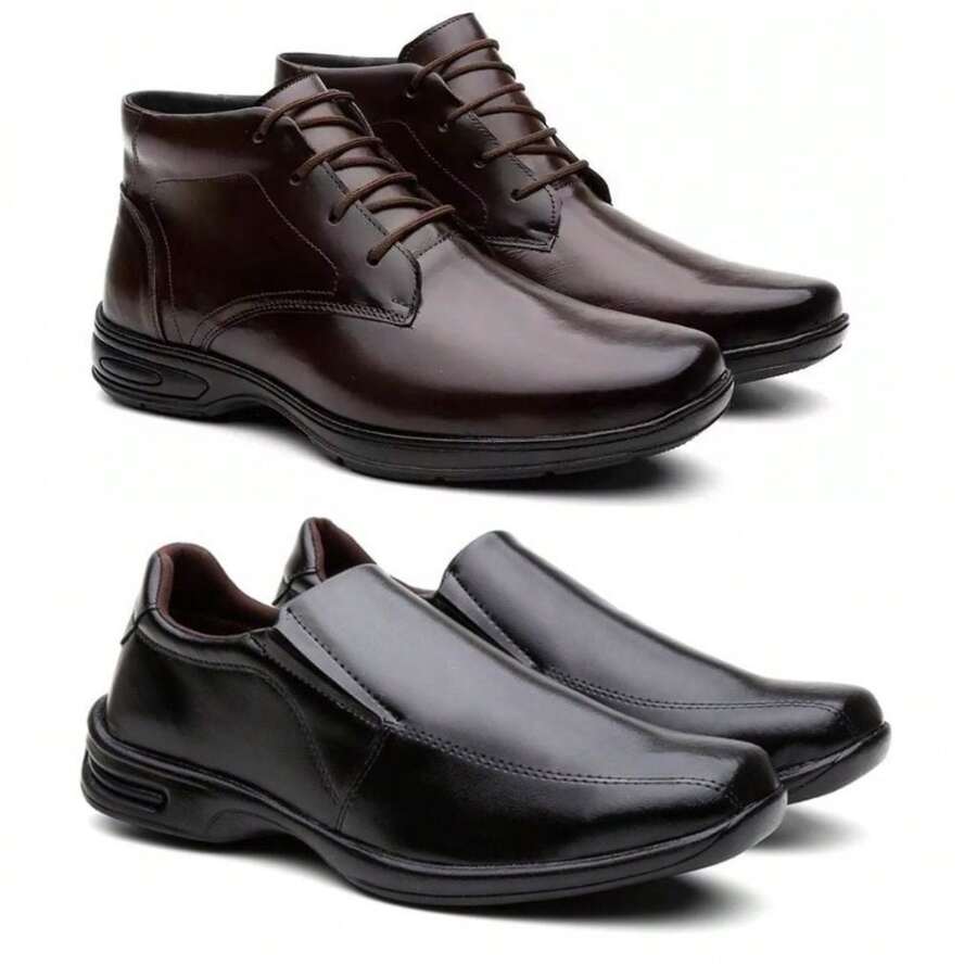 Kit 2 Pairs Of Men's Orthopedic Boots In Imported Leather Confort + Men's Dress Shoes With Special Sole, Super Comfortable, Ready For Delivery - Coffee / Black - View 1