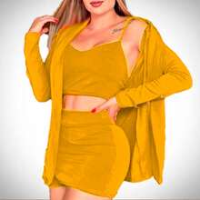 Vestido corto cruzado manga corta falda fluida - Amarillo - Ver 2