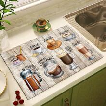 1 pieza Decoración del hogar, Alfombra absorbente de drenaje para máquina de café, Almohadilla de secado de vajilla de mostrador, Alfombrilla de lugar de cocina de diatomita, Alfombrilla de secado de platos con impresión de café, Alfombrilla de drenaje lavable antideslizante, Adecuada para la cocina y la cafetería