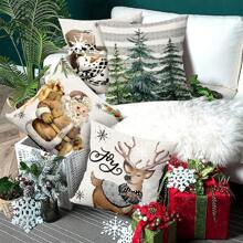 Bộ 4 vỏ gối trang trí chủ đề Giáng sinh, Giáng sinh vui vẻ, tuần lộc và bông tuyết, thích hợp cho phòng khách phòng ngủ ghế sofa Giáng sinh, không bao gồm ruột gối, Giáng sinh - Phong cách B - Xem 3