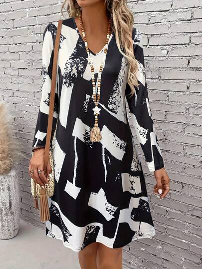 Women's V-Neck Chic Geometric Pattern Long Sleeve Dress For Early Autumn ,Ideal For Casual & Work