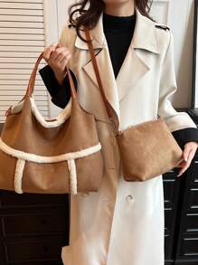 Matte Wool Large Capacity Fashion Handbag, Shoulder Bag, Contrast Color Crossbody Bag - Multicolor - View 1