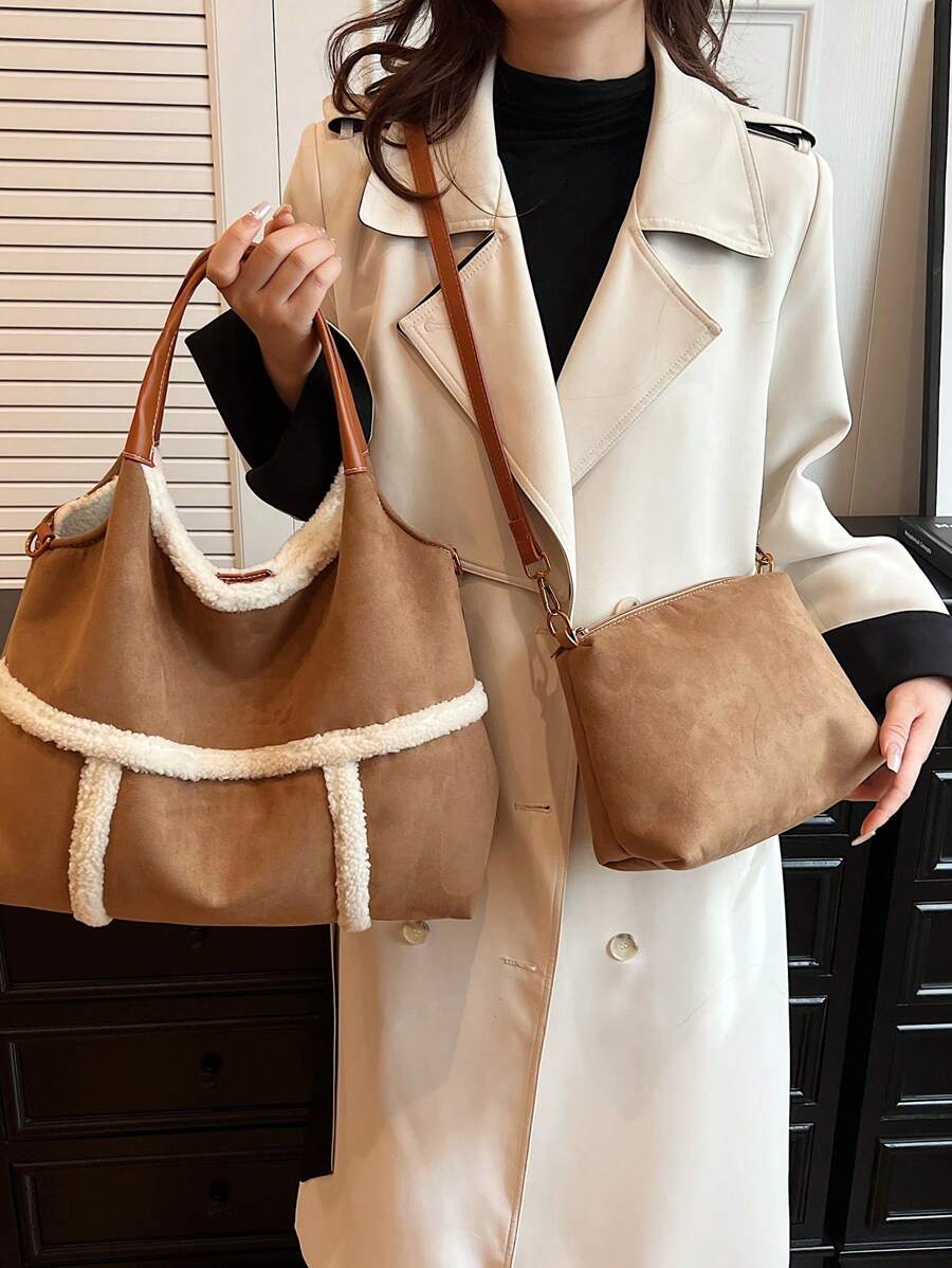 Matte Wool Large Capacity Fashion Handbag, Shoulder Bag, Contrast Color Crossbody Bag - Multicolor - View 1