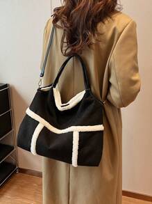 Matte Wool Large Capacity Fashion Handbag, Shoulder Bag, Contrast Color Crossbody Bag - Multicolor - View 9