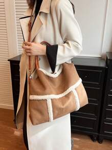 Matte Wool Large Capacity Fashion Handbag, Shoulder Bag, Contrast Color Crossbody Bag - Multicolor - View 7