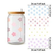 4 piezas de calcomanías de flores de serie de dibujos animados UV DTF para hojas de pegatinas impermeables para vasos de vidrio Libbey de 16 oz, tazas decorativas, útiles escolares, manualidades y suministros de arte DIY, paquete de calcomanías transferibles
