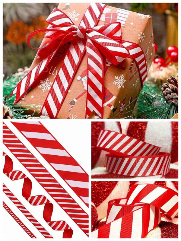 1pc 9M Red & White Stripe Ribbon, Candy Gift Box Bow, Wreath Decor Ribbon, Christmas Party Gift Wrap,Christmas