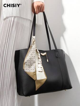 CHISIY 1pc Handmade Solid Color, Letter, Plaid Design Scarf & Contrast Color Faux Leather Tote Bag, Casual Minimalist Underarm Bag, Elegant Business Large Capacity Women Commuter Bag, Shoulder Bag, Suitable For Women Office Worker, Business Lady, College Student, Dating, Shopping, Travel, All Seasons Valentine's Day