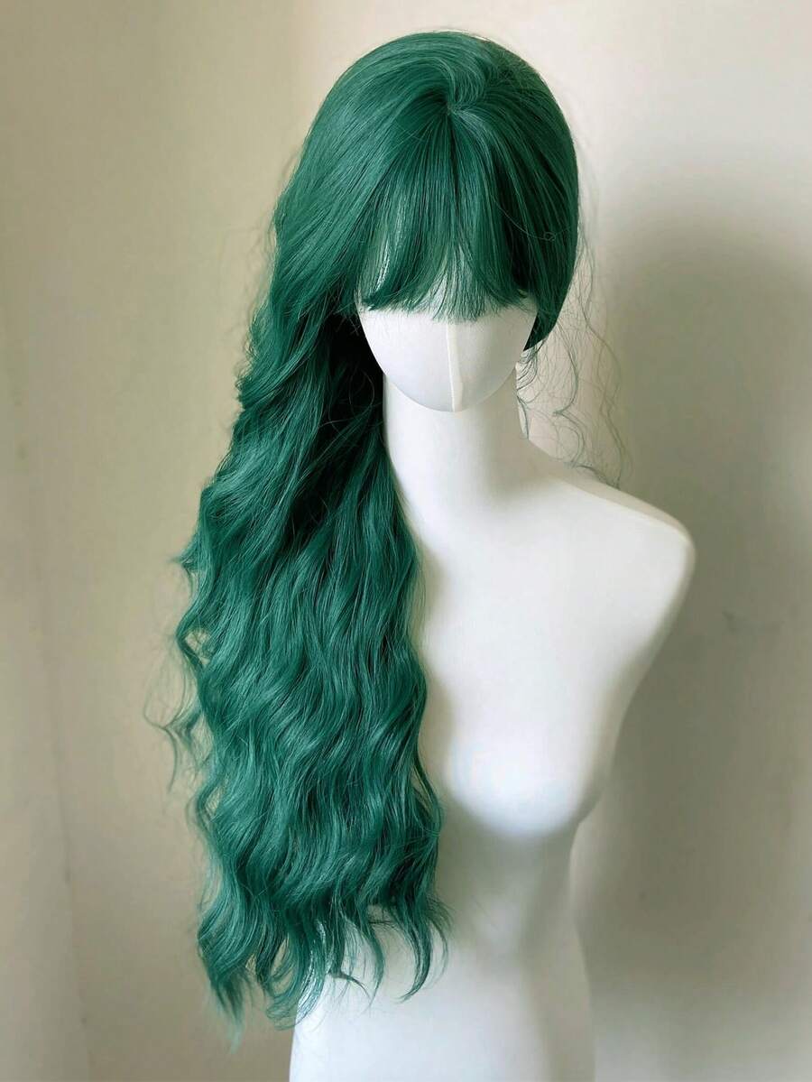 Cosplay Cute Wigs Dark Green Medium Part Bangs Long Curly 26Inch