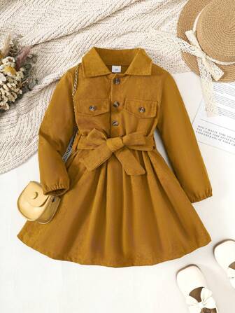 Vestido camisa de niña de un solo pecho con cuello de media chaqueta en unicolor, vestido formal de moda adecuado para primavera, verano, otoño e invierno
