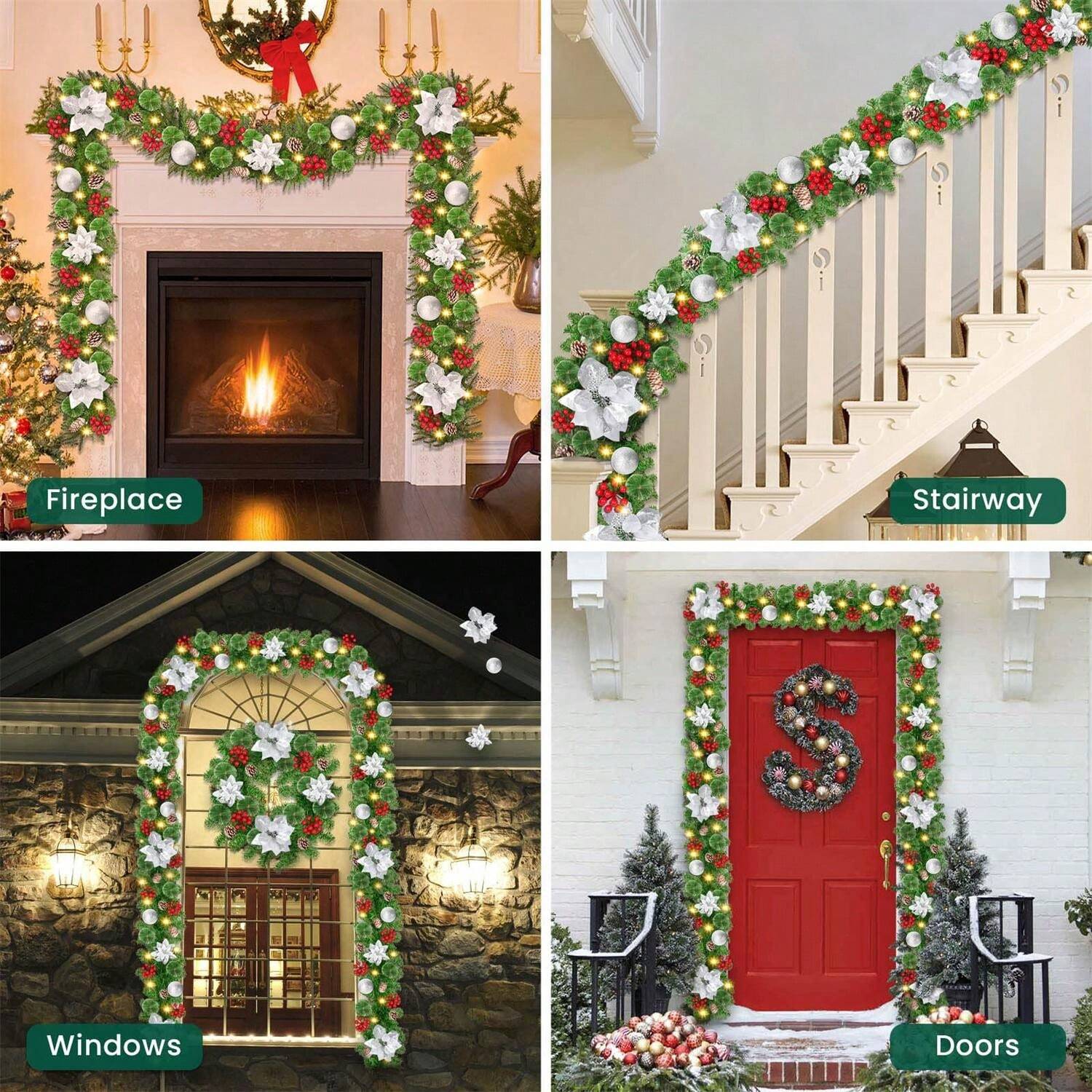 1ชิ้น พวงมาลัยคริสต์มาสพร้อมไฟ พวงมาลัยคริสต์มาสมีแสงสว่างยาว 9 ฟุต