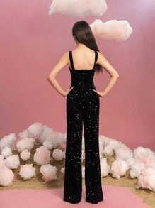 Teen Girls Sequin Jumpsuit With Spaghetti Straps & Wide-Leg Drama – Elegant Evening Wear For Gala Dinners, School Formal Events, Black-Tie Receptions, Luxury Brand Galas, And High-Fashion Evening Events - Black - View 3