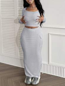LovelyWholesale Bộ váy dài bó sát cổ vuông đơn giản giản dị dành cho nữ và túi bên hông mùa xuân hè - Xám - Xem 5