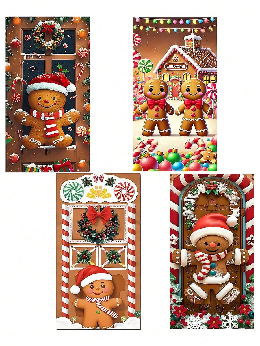 1 件姜饼人门装饰背景布，圣诞派对室内/室外氛围装饰品，圣诞节 - 彩色 - 查看 1