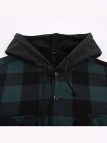 男士格子纽扣领长袖衬衫，带胸袋，常规版型，抓绒内衬衬衫，1件装 - 綠色 - 查看 4