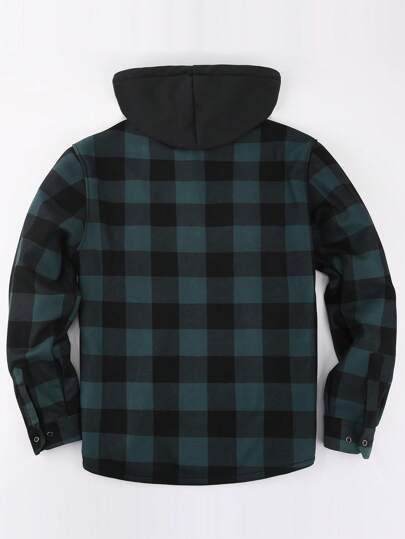 1 pieza Camisa de manga larga con cuello abotonado a cuadros para hombre, con bolsillo en el pecho, camisa abotonada de ajuste regular, camisa con forro térmico