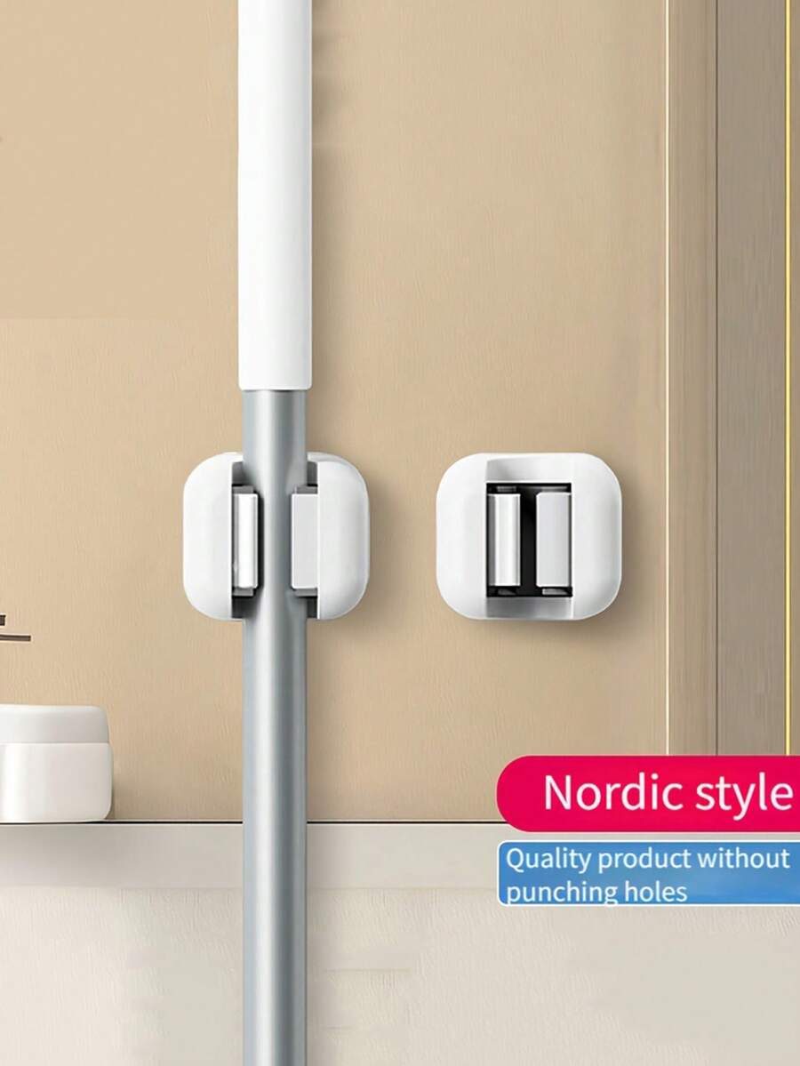 1 pieza Soporte adhesivo para colgar fregonas y escobas sin taladro con gancho para baño, gancho de pared adhesivo para baño, soporte para escoba y clip para fregona