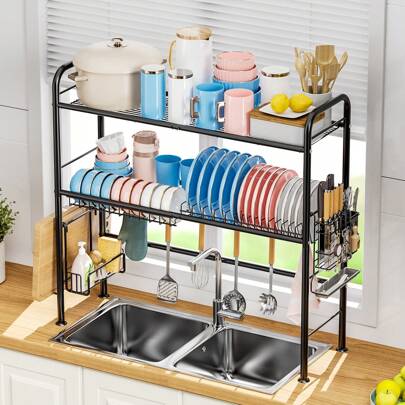 Dish Drying Rack,Over Sink Dish Drying Rack,Dish Rack Over Sink, Dish Drainer Rack With Utensil Holder And Cutting Board Holder For Kitchen Counter, Black