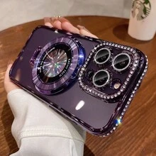 1 Ốp bảo vệ ống kính trang trí bằng đá Rhinestone sang trọng + Giá đỡ họa tiết CD tương thích với iPhone 15 14 13 12 Pro Max 14 15 Plus 11 - Hồng - Xem 2