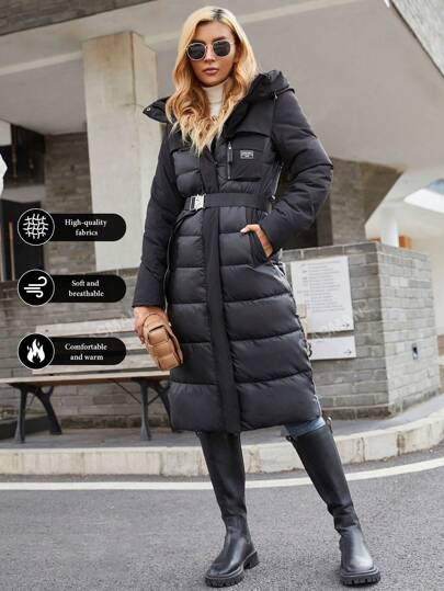 GASMAN Cappotto imbottito con cappuccio, cintura e tasche applicate, cappotto invernale casual da donna con cintura, tasche, cerniera, maniche regolari, cappuccio, vestibilità regolare, tinta unita nero, per tenersi al caldo/moda invernale