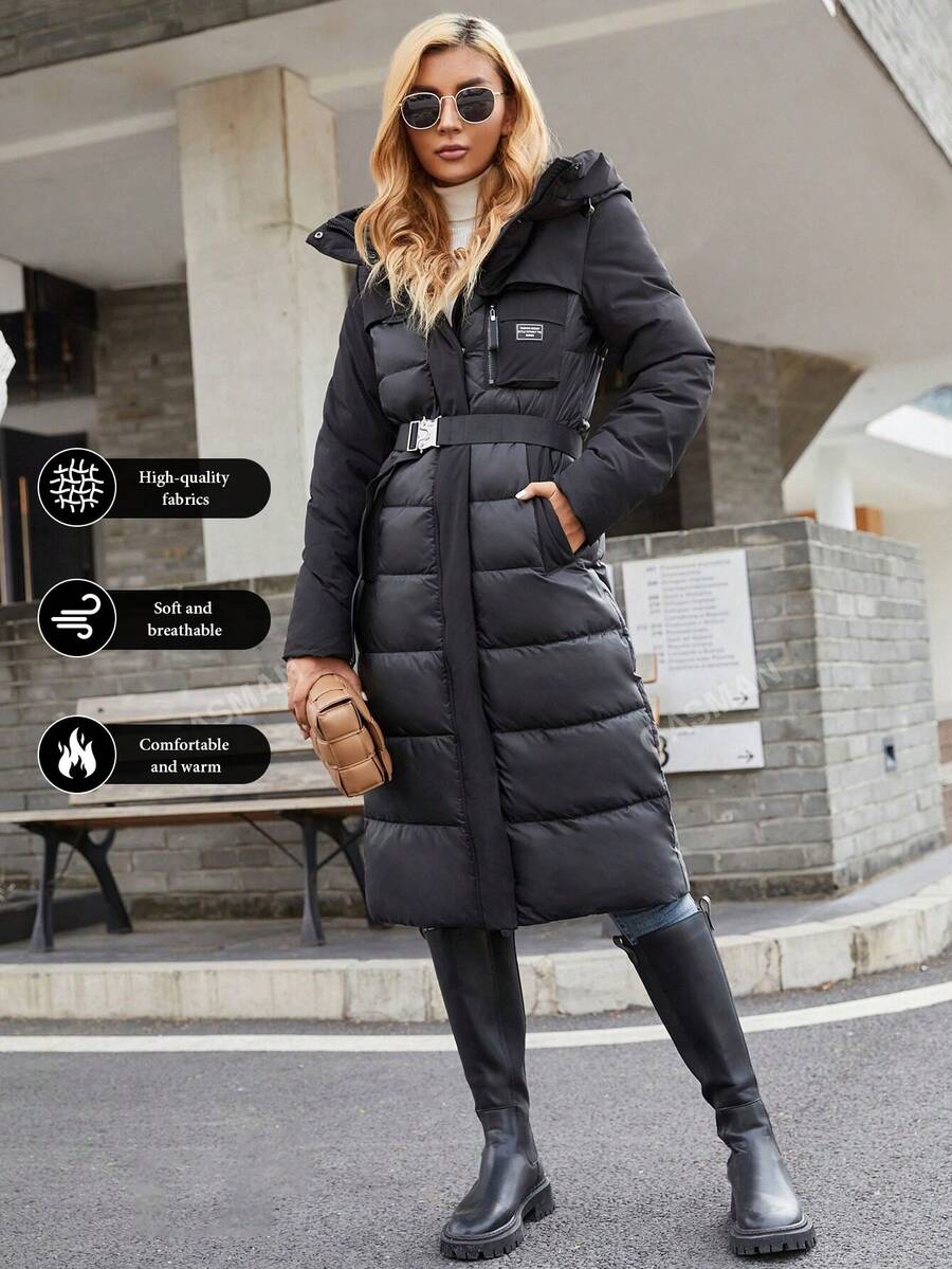 GASMAN Patch Pocket Belted Hooded Padded Coat,Ladies Winter Casual Belted,Patched,Pocket,Zipper Regular Sleeve Hooded Regular Fit Black Plain Women Coats,Winter Warmth/ Winter Fashion