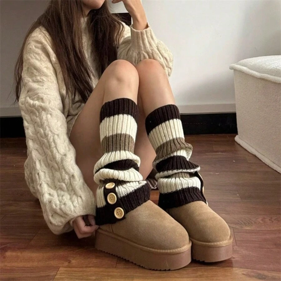 1 双针织拼布腿套，复古条纹小腿纽扣腿套，简约设计，适合秋冬季女士配饰