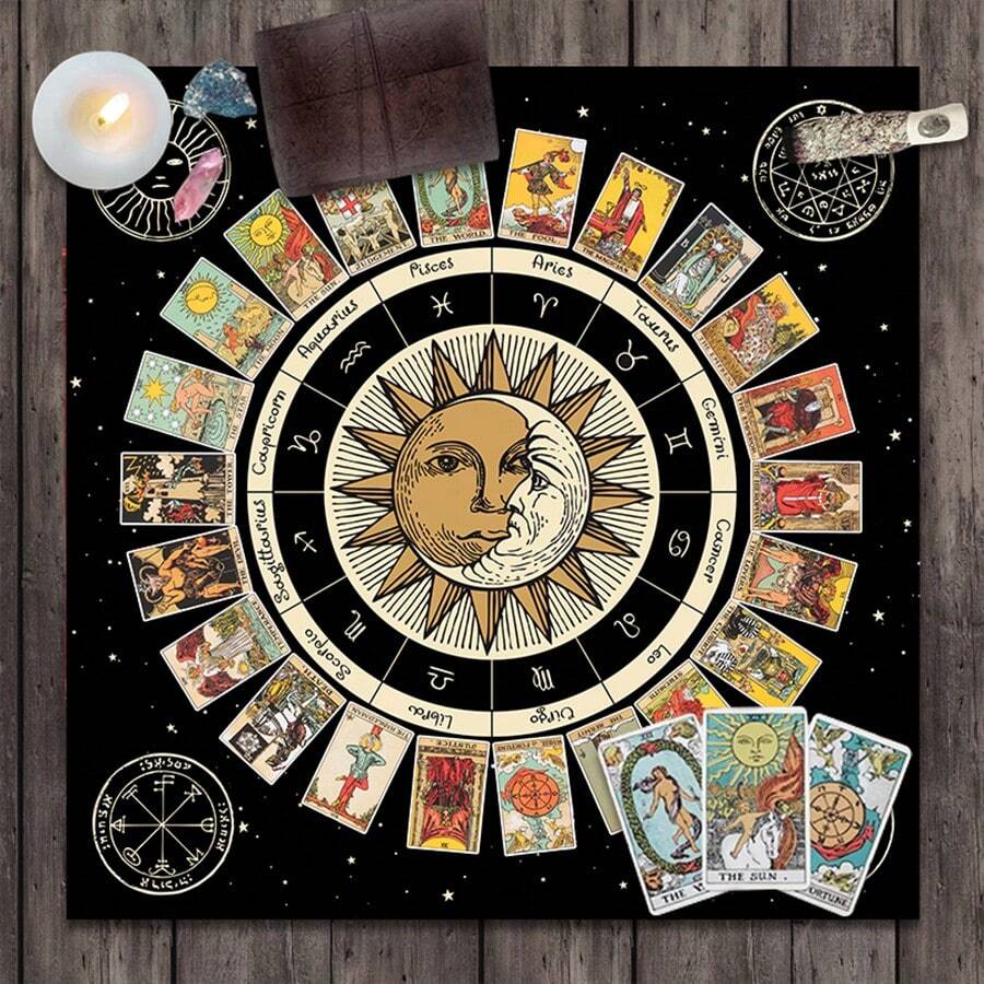 1pc  Card Tablecloth Altar Cloth Wheel Of The Zodiac Astrology Chart Sun Moon Witchcraft Oracle Cards Pads For Room Home Decor - Black - View 1