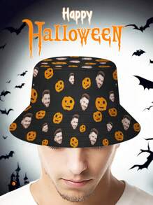 1 pieza Sombrero tipo cubo personalizado con diseño de cara para Halloween, unisex, sombrero tipo cubo personalizado como regalo de Halloween, sombrero tipo cubo personalizado con cara, sombrero de verano personalizado para fiesta, sombrero tipo cubo personalizado, gorra ancha personalizada de verano para exteriores