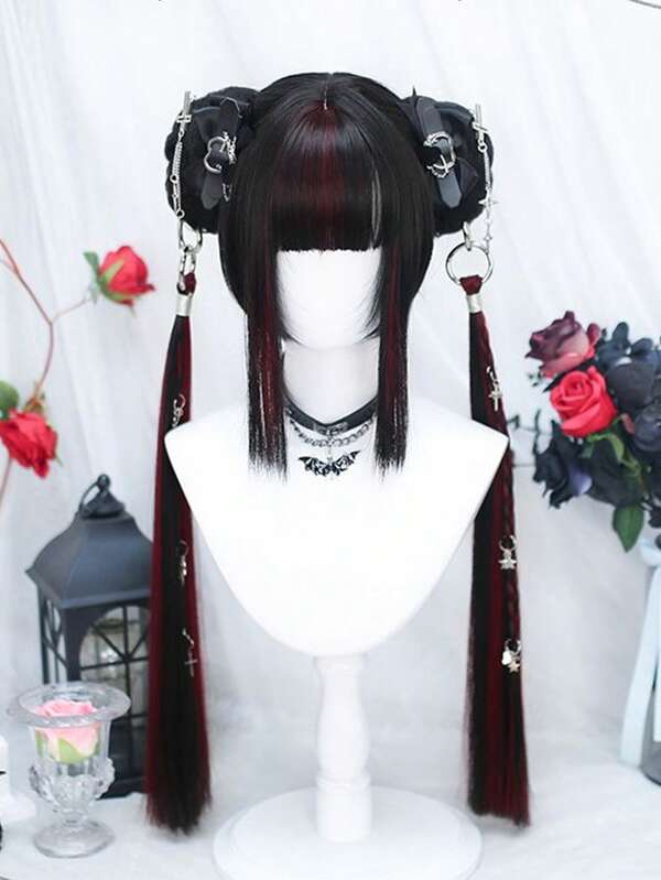 Peluca de cosplay de anime DIY con flecos, cabello sintético bidimensional corto y liso con reflejos negros y rojos, con doble coleta larga y recta, y pelo liso y corto apropiado para Lolita, adecuado para Halloween y fiestas de Navidad