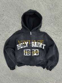 Men's Letter & Graphic Printed Zip-Up Hoodie, Spring/Fall - màu đen - Xem 1