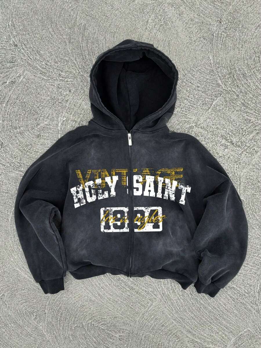 Men's Letter & Graphic Printed Zip-Up Hoodie, Spring/Fall - màu đen - Xem 1