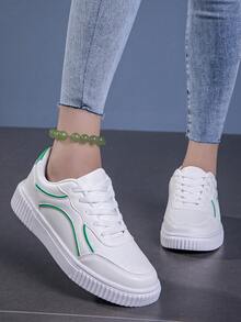 女士新款时尚透气休闲鞋厚底百搭潮流平底舒适软底防滑除臭耐磨运动跑步鞋 - 白綠色 - 查看 4