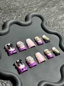 10件/套手工Y2K风格鸭嘴美甲片，可选裸色、霓虹绿扎染、紫色浸染、法式边缘橙色浸染、3D水滴、星星、美元吊饰、彩色泡泡、星形装饰。适合女士和女孩在派对、舞会和日常生活中佩戴。包含美甲工具。可作为礼物赠送。按压式美甲用品 - 紫色 - 查看 3