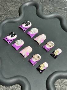 10件/套手工Y2K风格鸭嘴美甲片，可选裸色、霓虹绿扎染、紫色浸染、法式边缘橙色浸染、3D水滴、星星、美元吊饰、彩色泡泡、星形装饰。适合女士和女孩在派对、舞会和日常生活中佩戴。包含美甲工具。可作为礼物赠送。按压式美甲用品 - 紫色 - 查看 2
