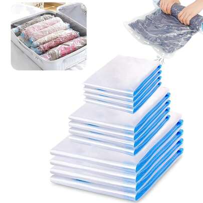 12pcs Travel Space Saver Bags, Reusable Vacuum Storage Bags, Save 75% Storage Space, Roll-Up Compression Bags, Clothes Organizer Bags, Suitable For Suitcase, Travel Bag, Backpack, No Vacuum Machine Or Air Pump Needed - Hand Roll Vacuum Compression Bags, No-Pump Compression Storage Bags, Clothes Vacuum Storage Bags - Hand Press Exhaust, No Air Pump, Vacuum Compression, Space Saving, Dust & Moisture Proof - Clothing Storage, Travel Portable Storage, Seasonal Clothes Organization, Home Storage - Manual Compression, Easy To Operate