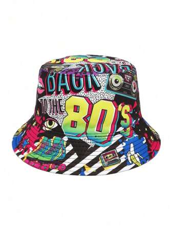 1 件装男士秋季几何涂鸦字母印花双面渔夫帽，适合休闲装和街头风格