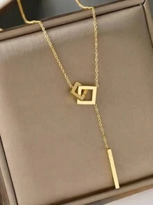 1pc Stainless Steel Simple Square Linked Geometric Long Pendant Necklace, Statement Piece