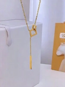 1pc Stainless Steel Simple Square Linked Geometric Long Pendant Necklace, Statement Piece