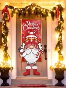 1 件 38.5x96cm 圣诞主题涤纶吊旗，生动展示戴着红色圆点帽子的侏儒，适用于圣诞节门框装饰、花园旗帜装饰、客厅装饰，涤纶材质，可爱的侏儒手里拿着一份礼物，周围环绕着雪花，搭配喜庆的红色背景和醒目的“圣诞快乐”文字。 - 款式A - 查看 2