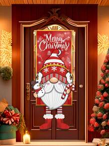 1 件 38.5x96cm 圣诞主题涤纶吊旗，生动展示戴着红色圆点帽子的侏儒，适用于圣诞节门框装饰、花园旗帜装饰、客厅装饰，涤纶材质，可爱的侏儒手里拿着一份礼物，周围环绕着雪花，搭配喜庆的红色背景和醒目的“圣诞快乐”文字。 - 款式A - 查看 4